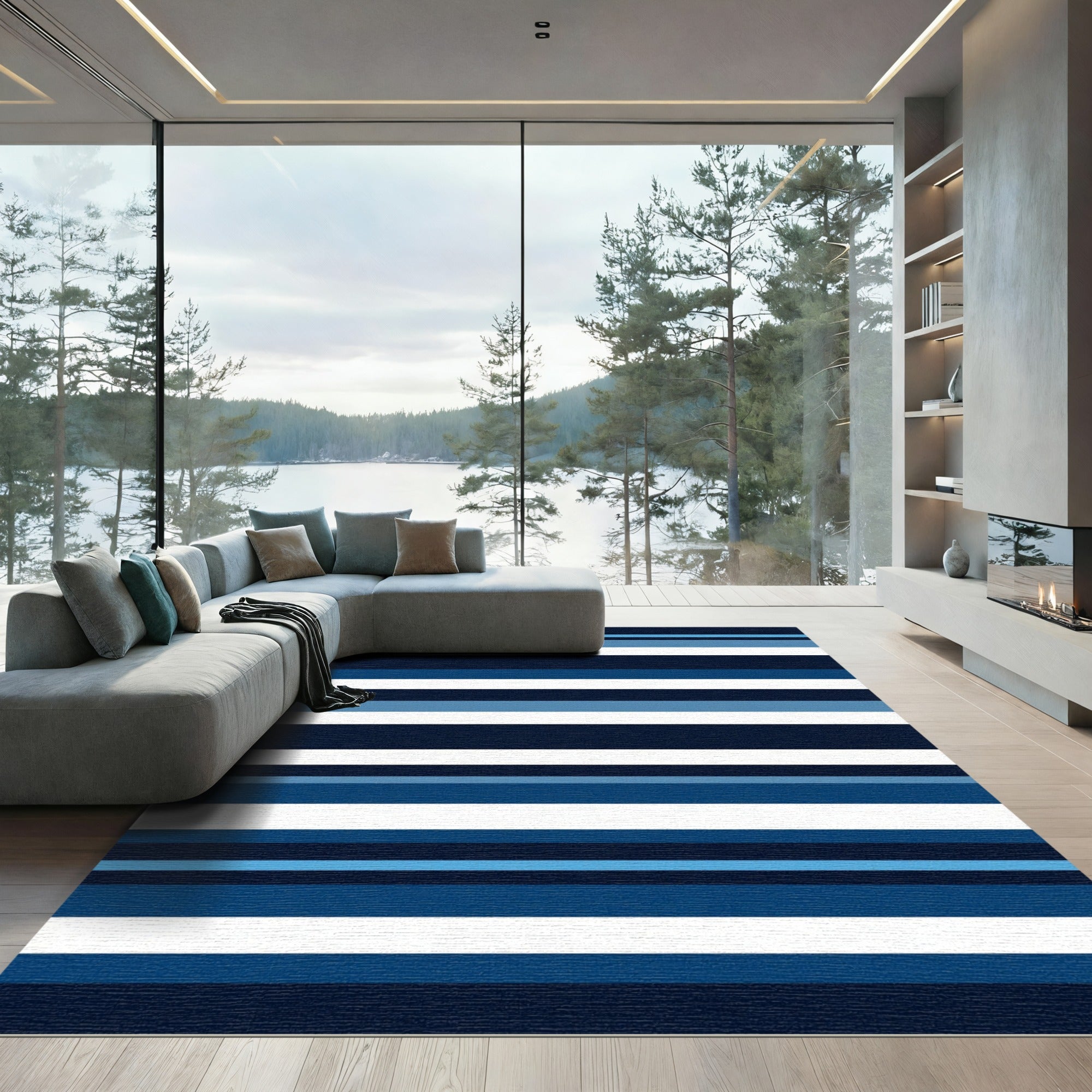 Modern Navy and Blue Horizontal Stripes Rug