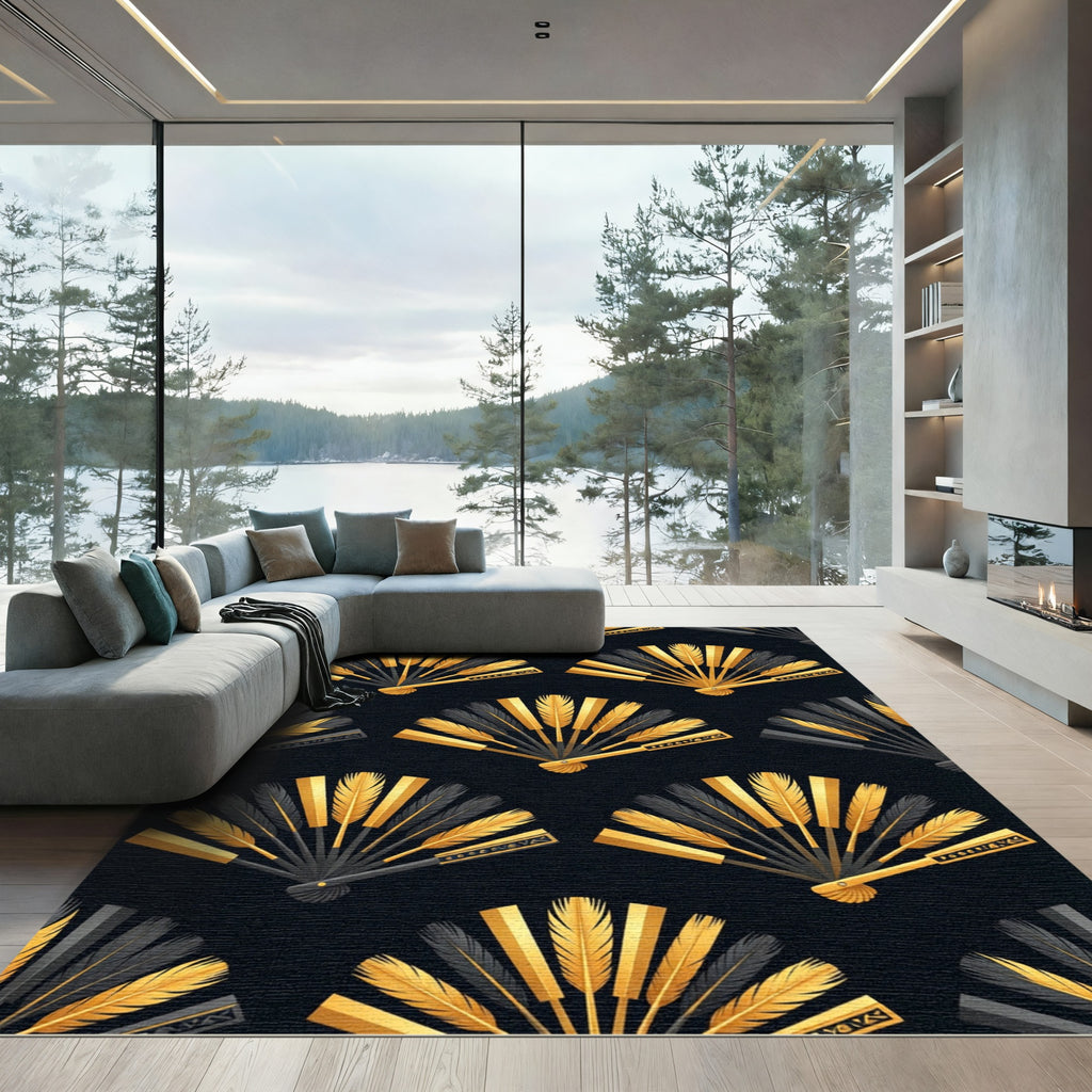 Elegant Golden Fan Leaf Art Deco Rug
