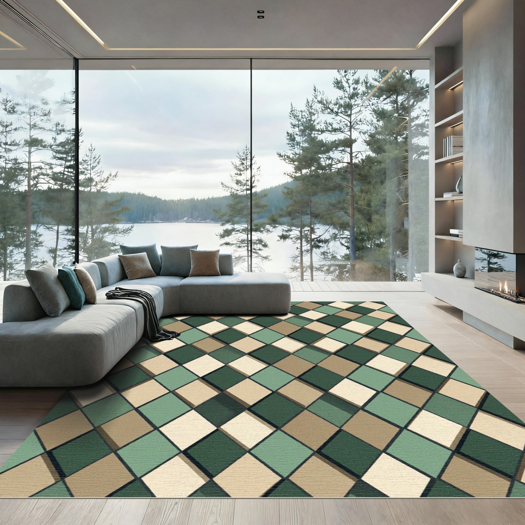 Sage and Taupe Geometric Diamond Rug
