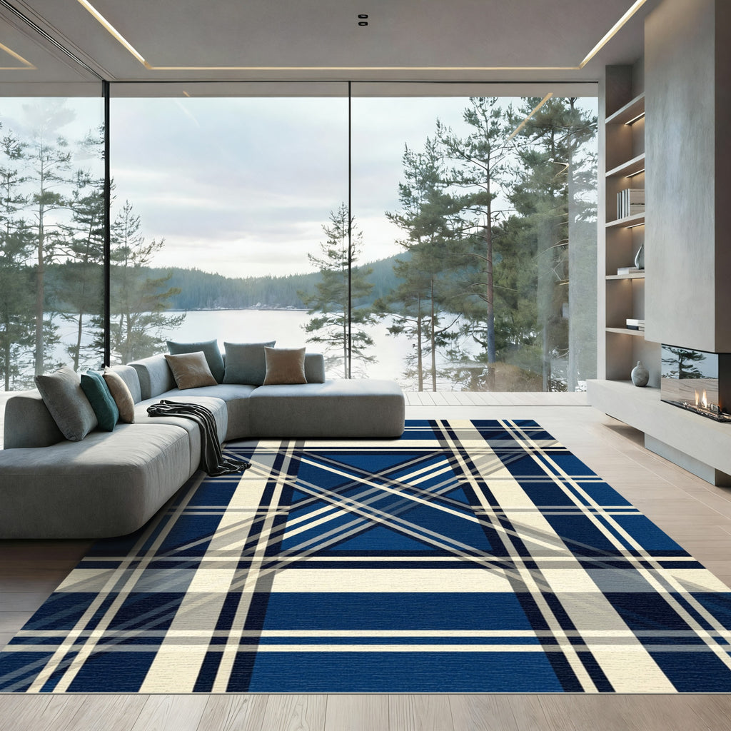 Contemporary Navy and Cream Plaid Rug