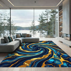 Luxury Navy Blue Gold Swirl Abstract Rug
