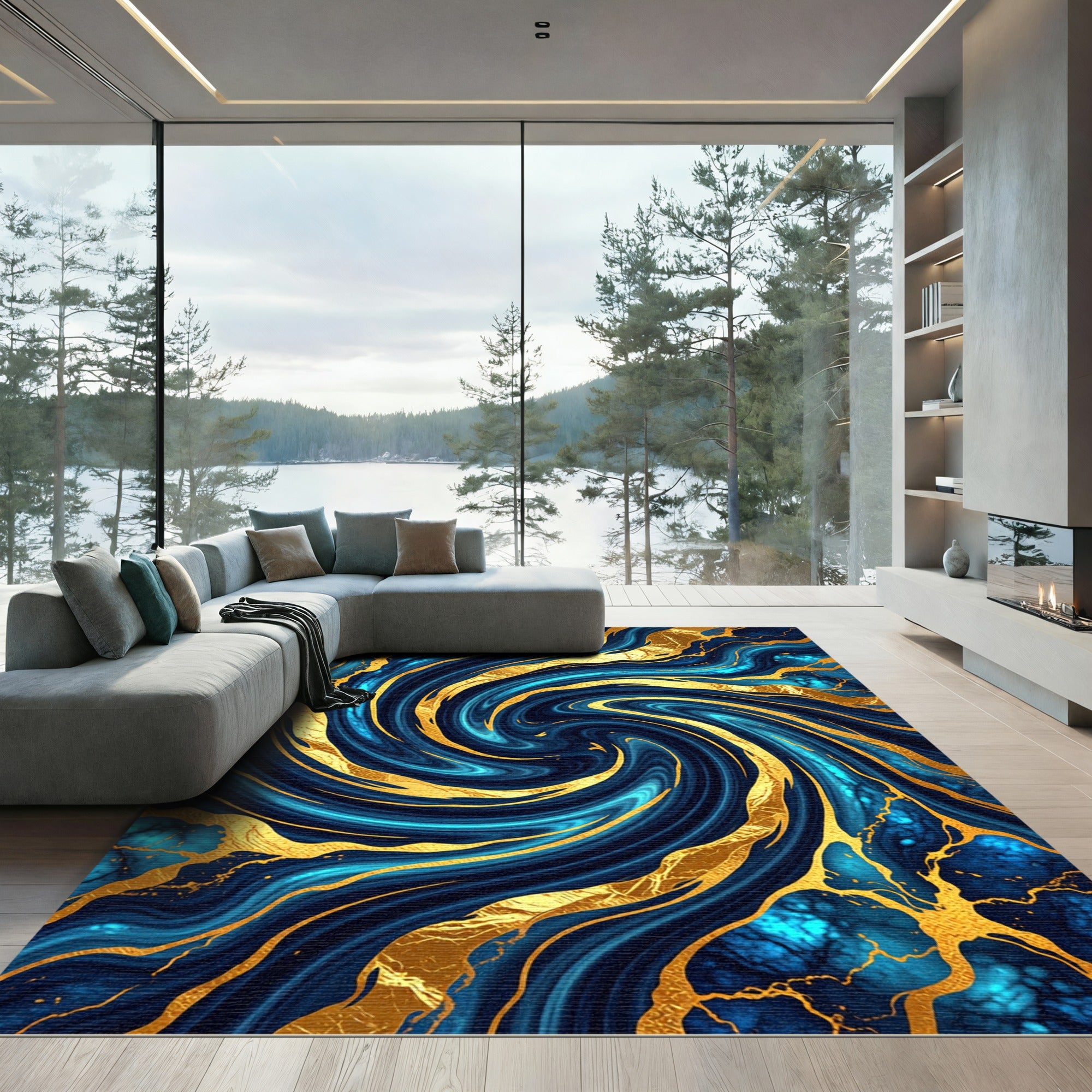Luxury Navy Blue Gold Swirl Abstract Rug