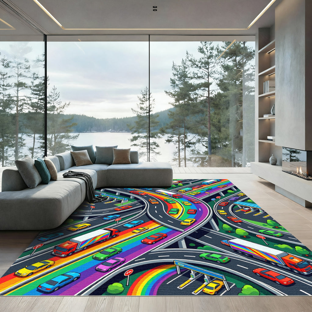 Vibrant Urban Highway Colorful Road Map Rug