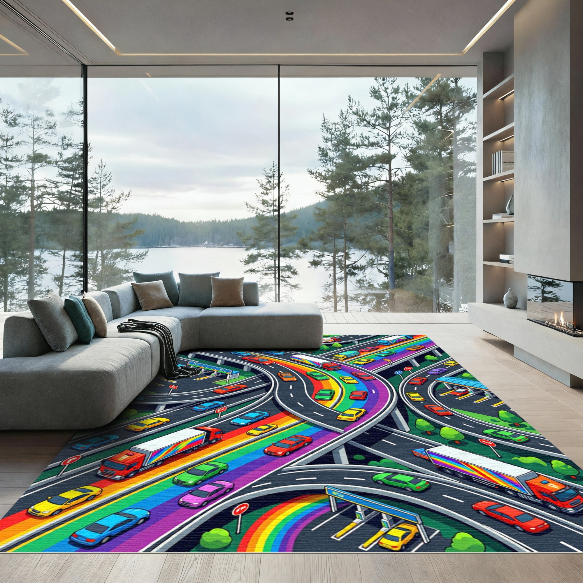 Vibrant Urban Highway Colorful Road Map Rug