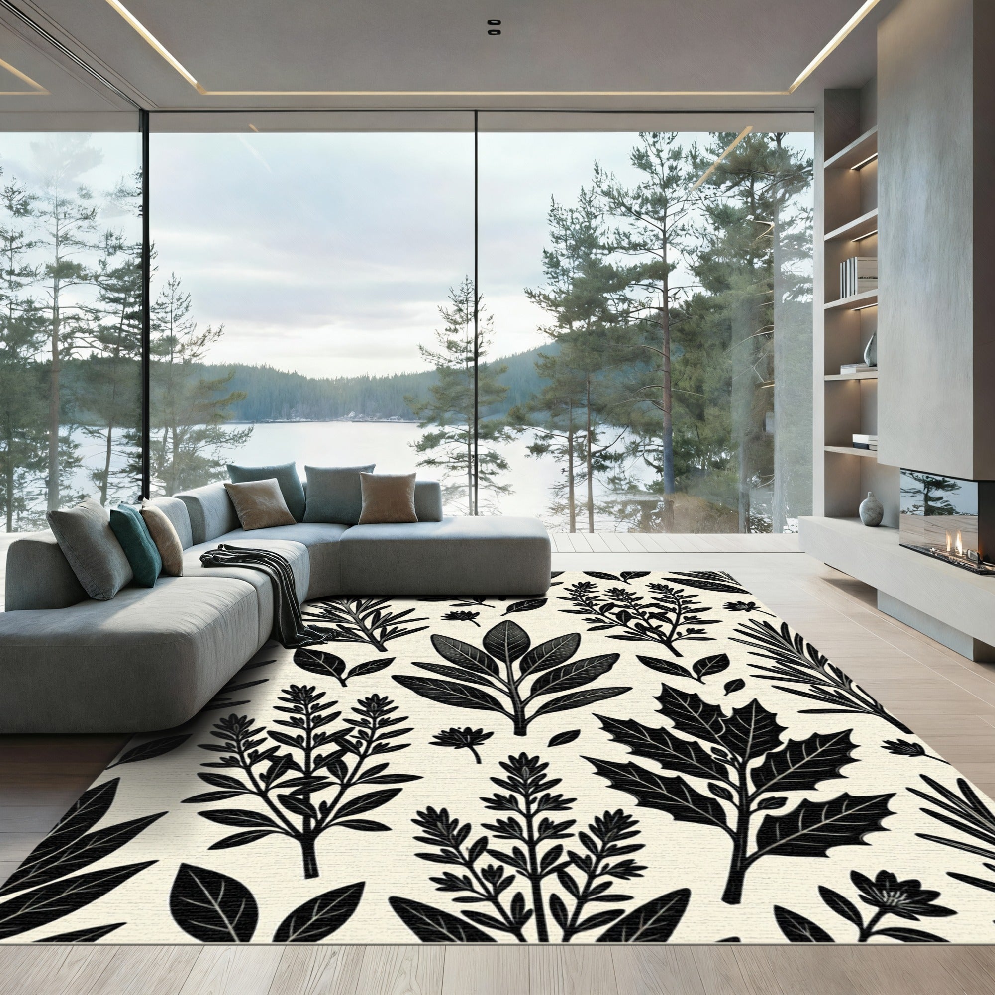 Black Botanical Herb Leaf Pattern Rug