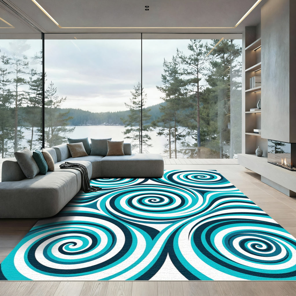 Dynamic Teal Blue Swirl Vortex Rug