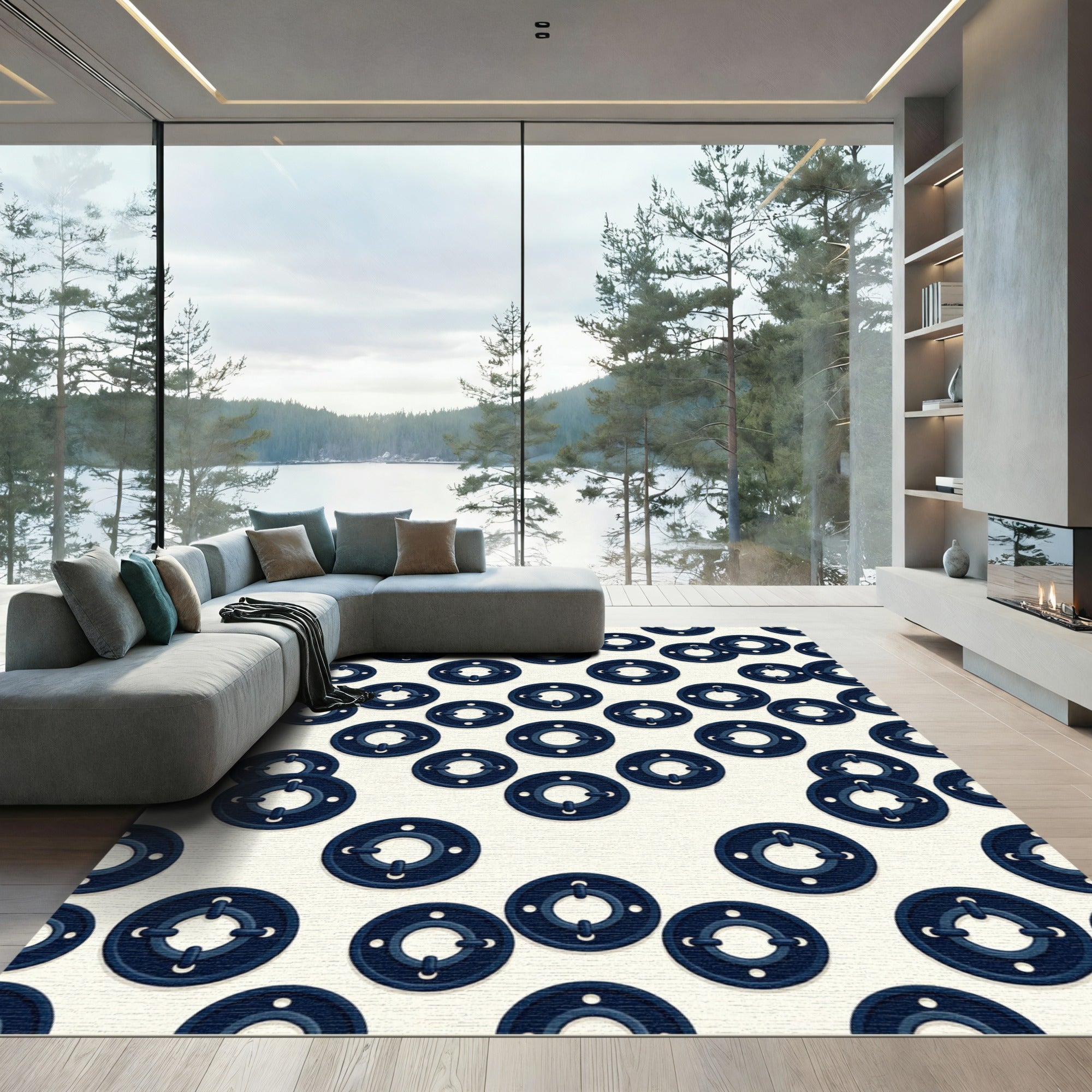 Navy Blue Circular Geometric Graphic Rug