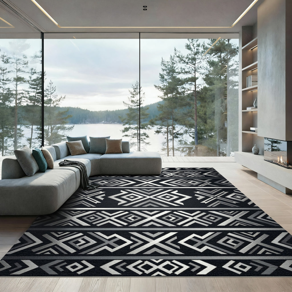 Grayscale Geometric tribal band Rug