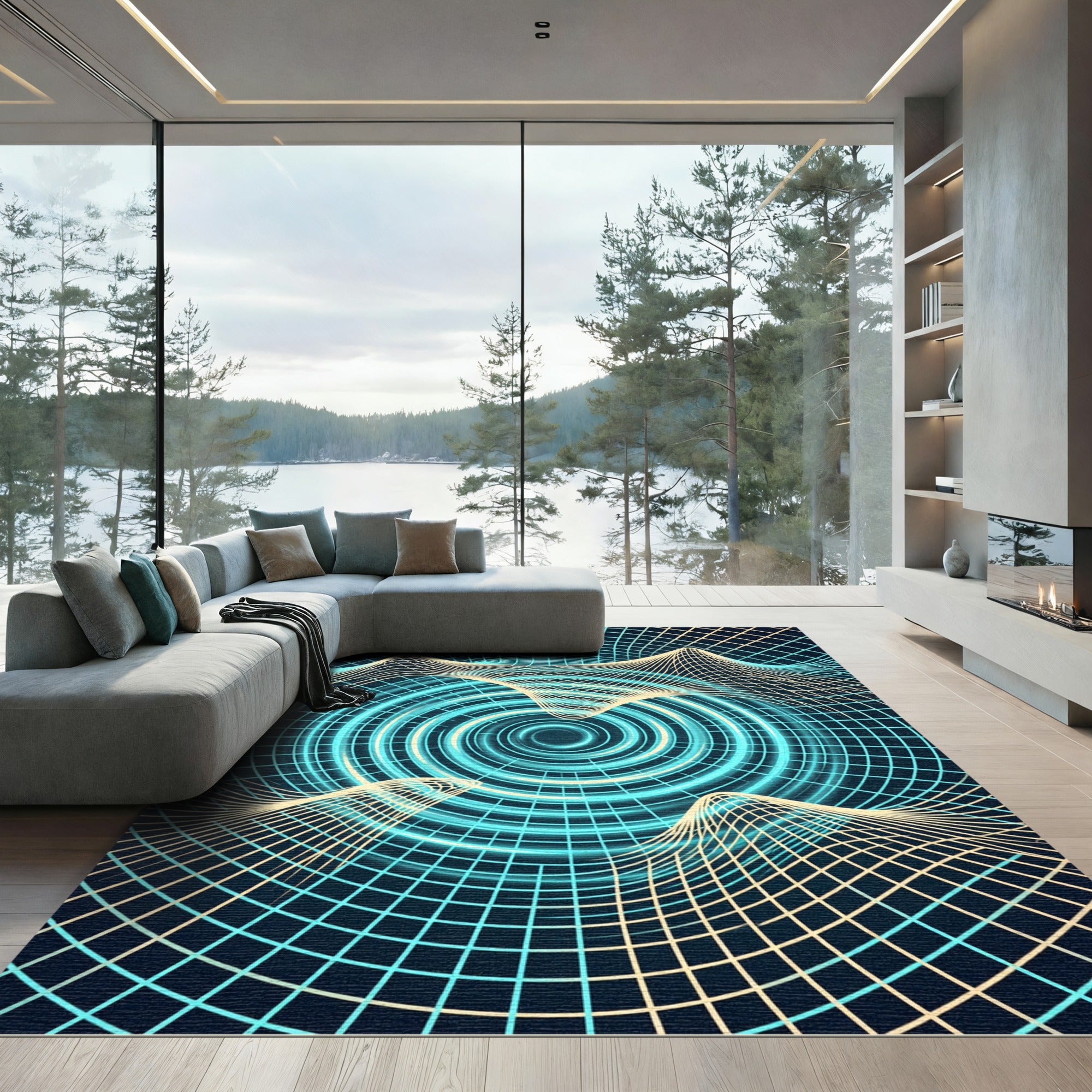 Abstract Cyan Vortex Grid Wave Rug