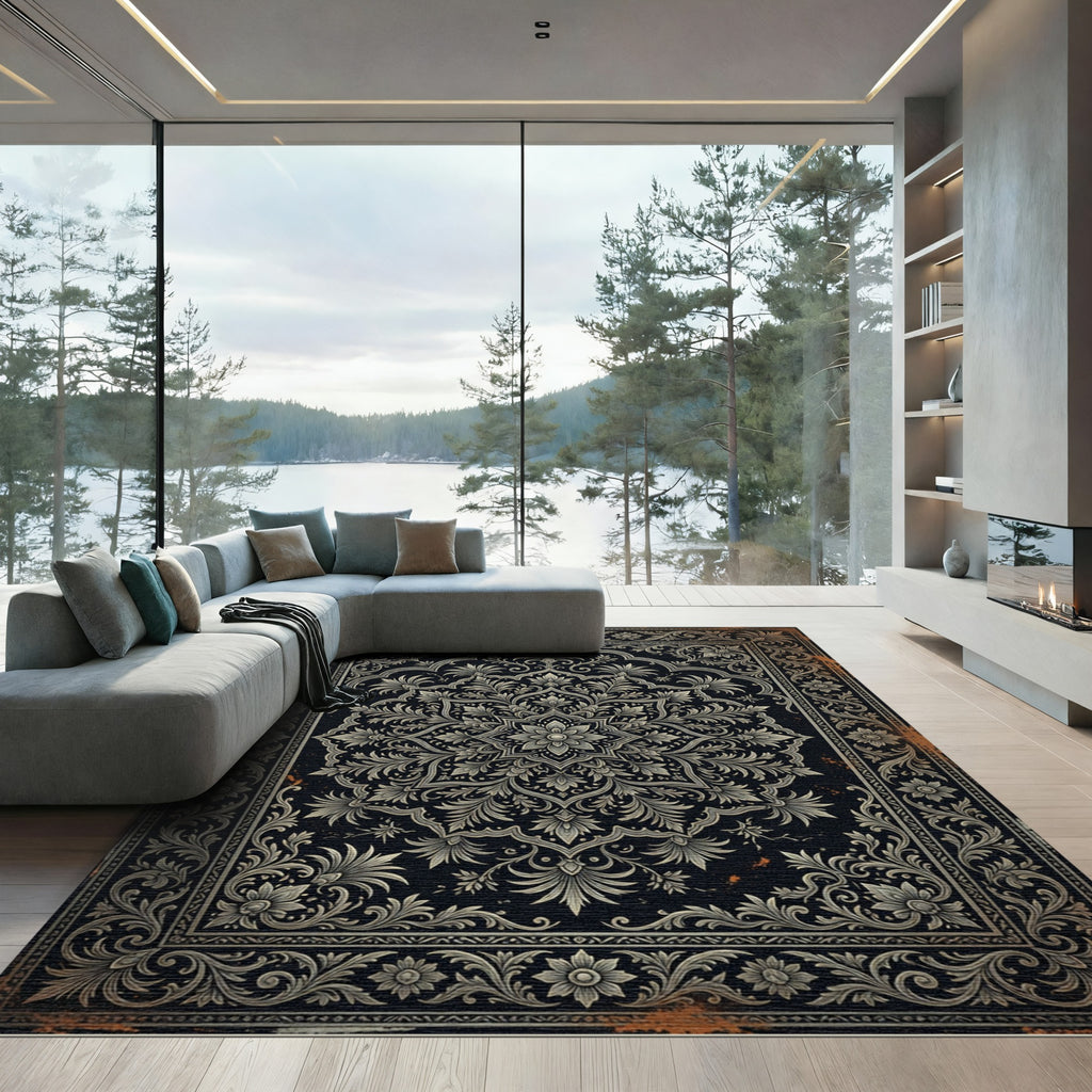 Ornate Monochrome Damask Floral Medallion Rug