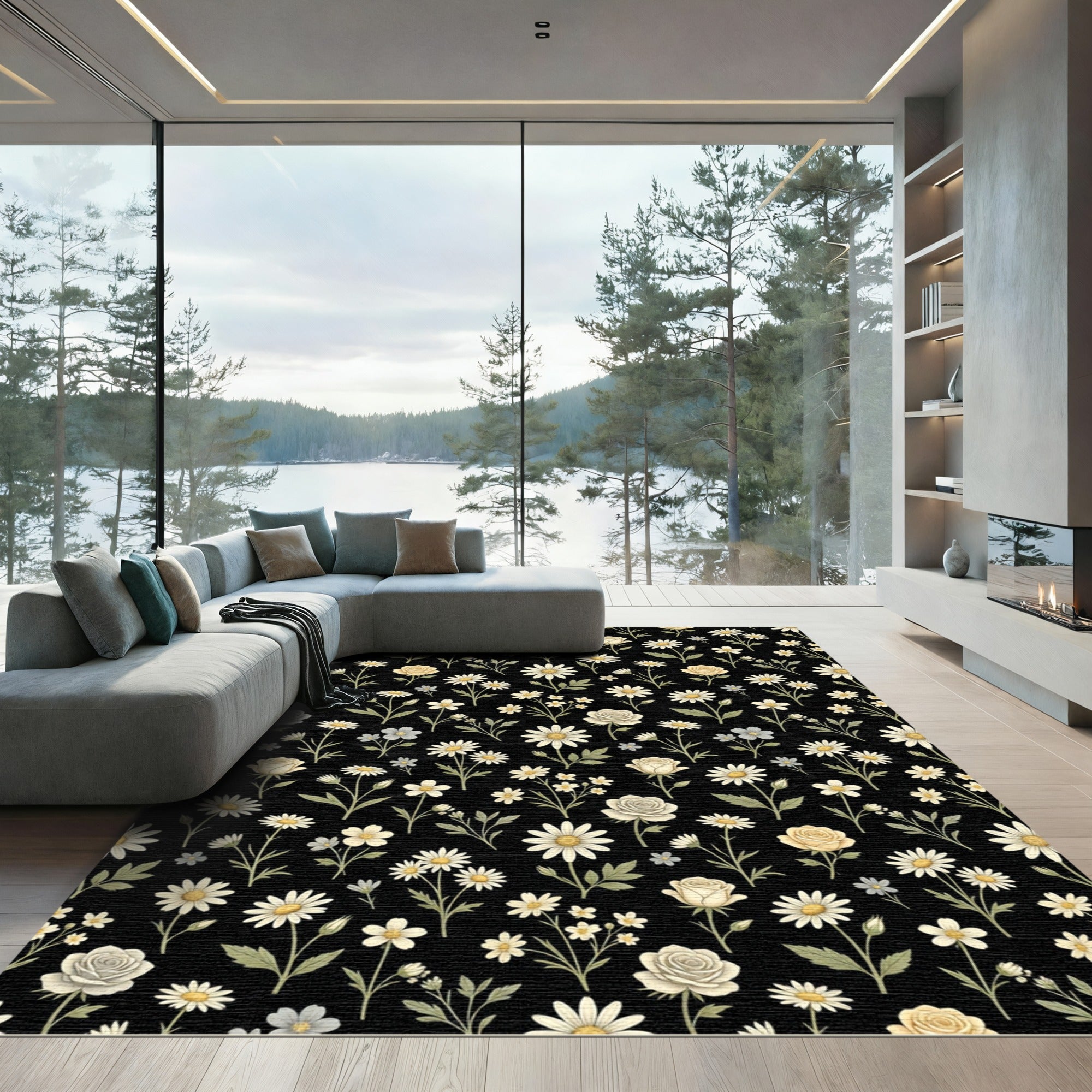 Black Cream Daisy Rose Garden Rug