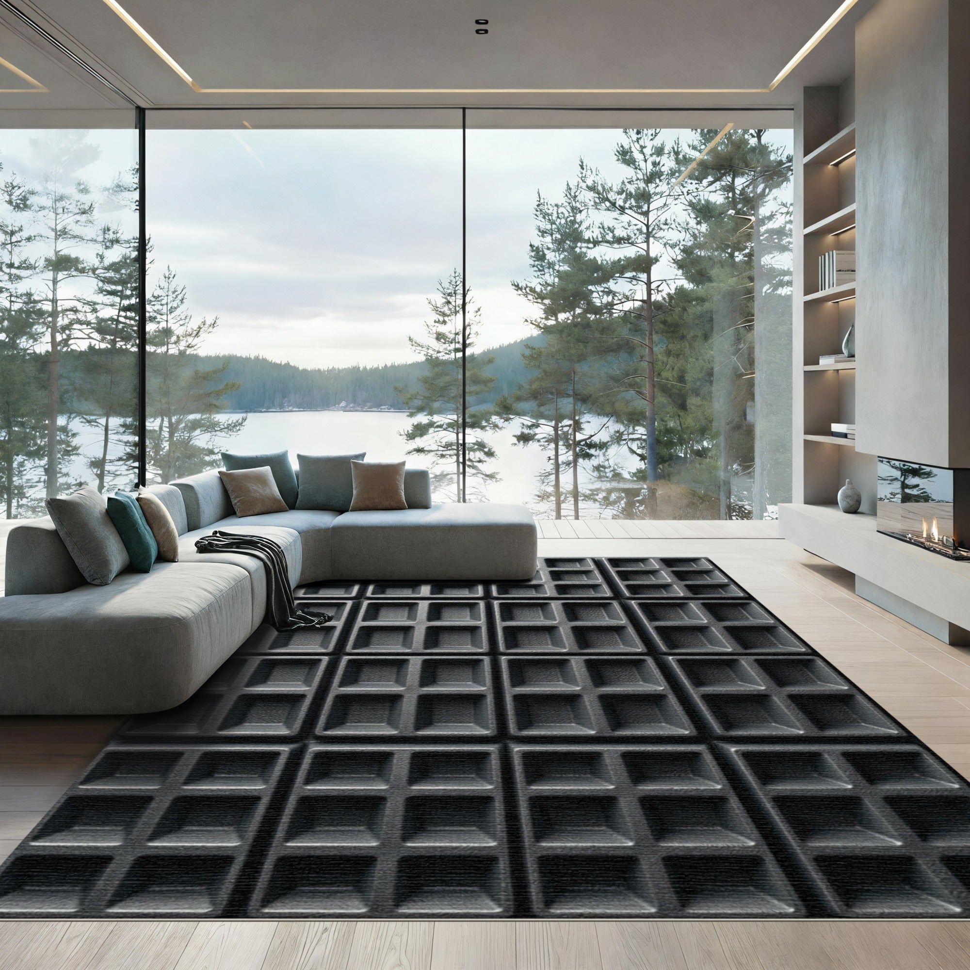 Charcoal Matte Geometric Grid Relief Rug