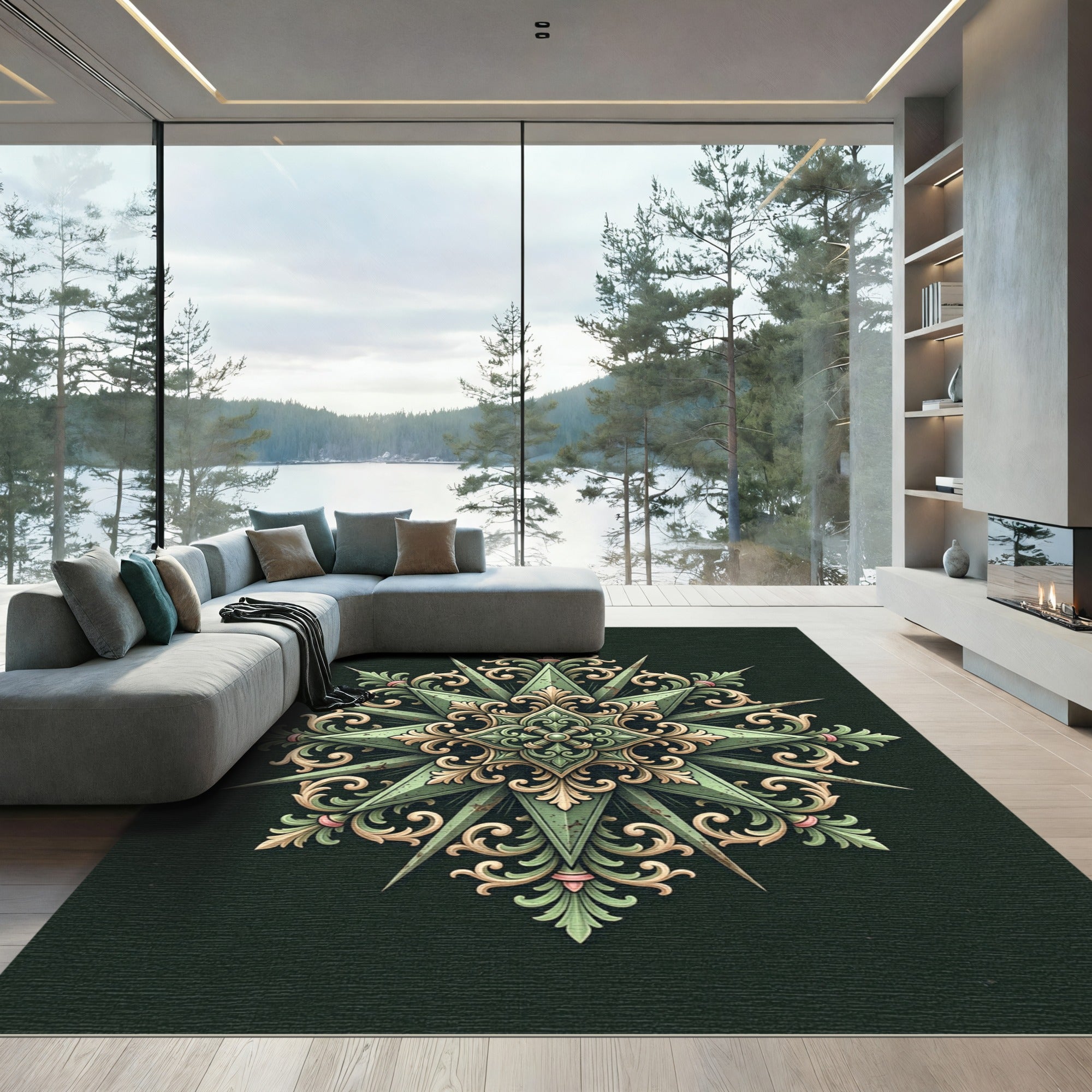 Ornate Sage Green Filigree Star Medallion Rug