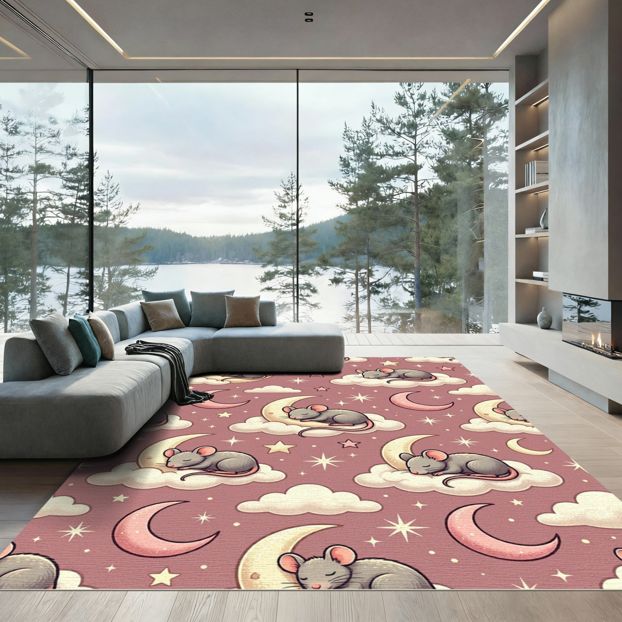 Whimsical Sleeping Mouse Celestial Crescent Cloud Rug