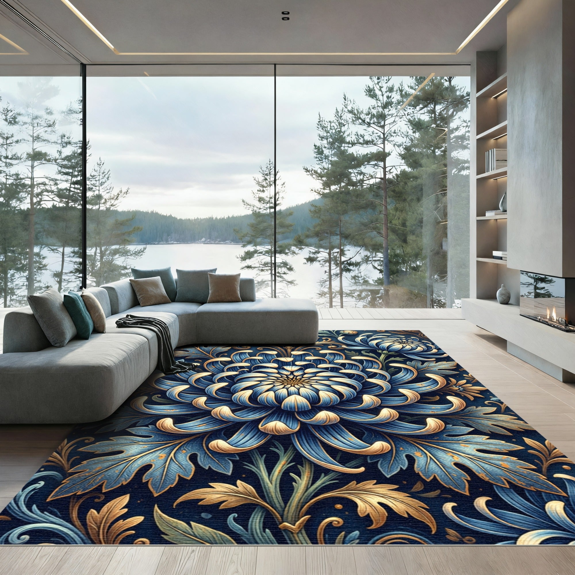 Blue Chrysanthemum Golden Leaf Botanical Rug