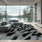 Contemporary Charcoal Black Abstract Calligraphy Rug