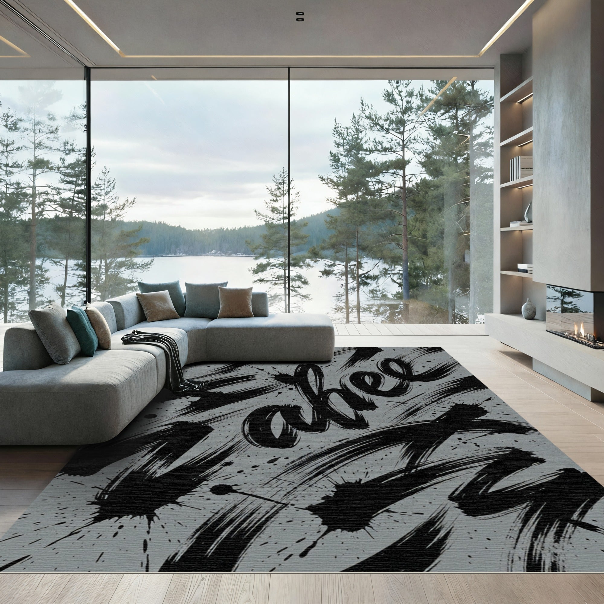Contemporary Charcoal Black Abstract Calligraphy Rug