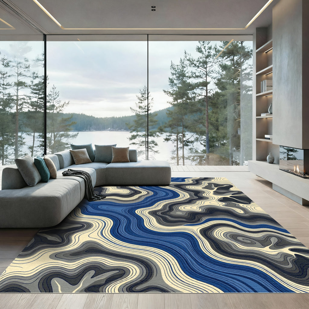 Abstract Blue Cream Topographic Contour Flow Rug