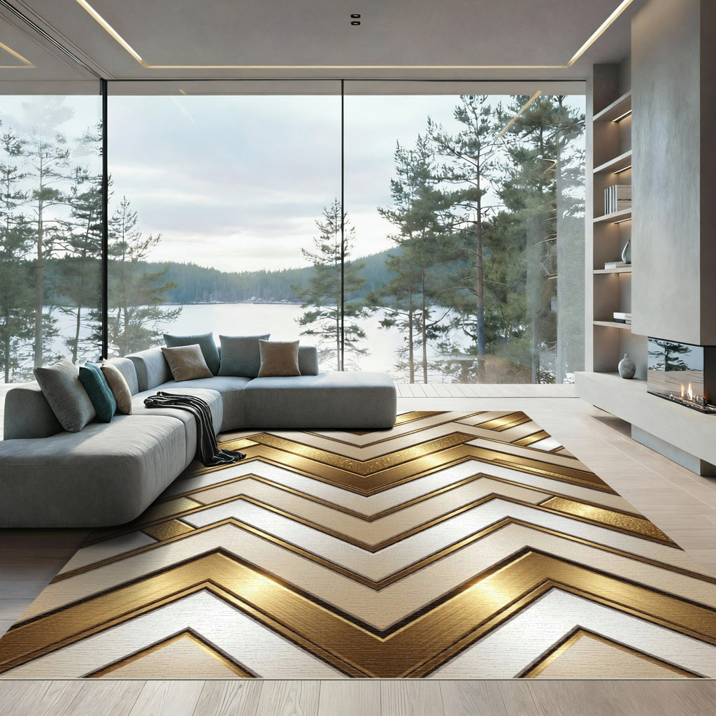 Luxurious Metallic Gold Angular Geometric Art Rug