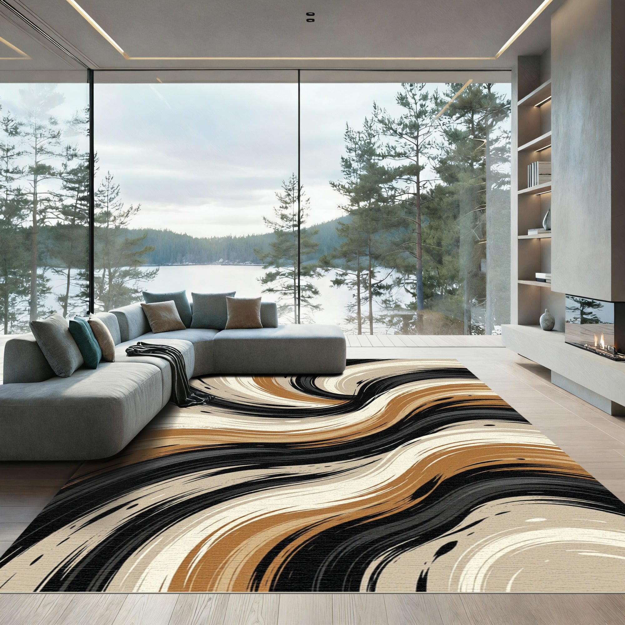 Modern Abstract Swirling Earth Tone Wave Rug