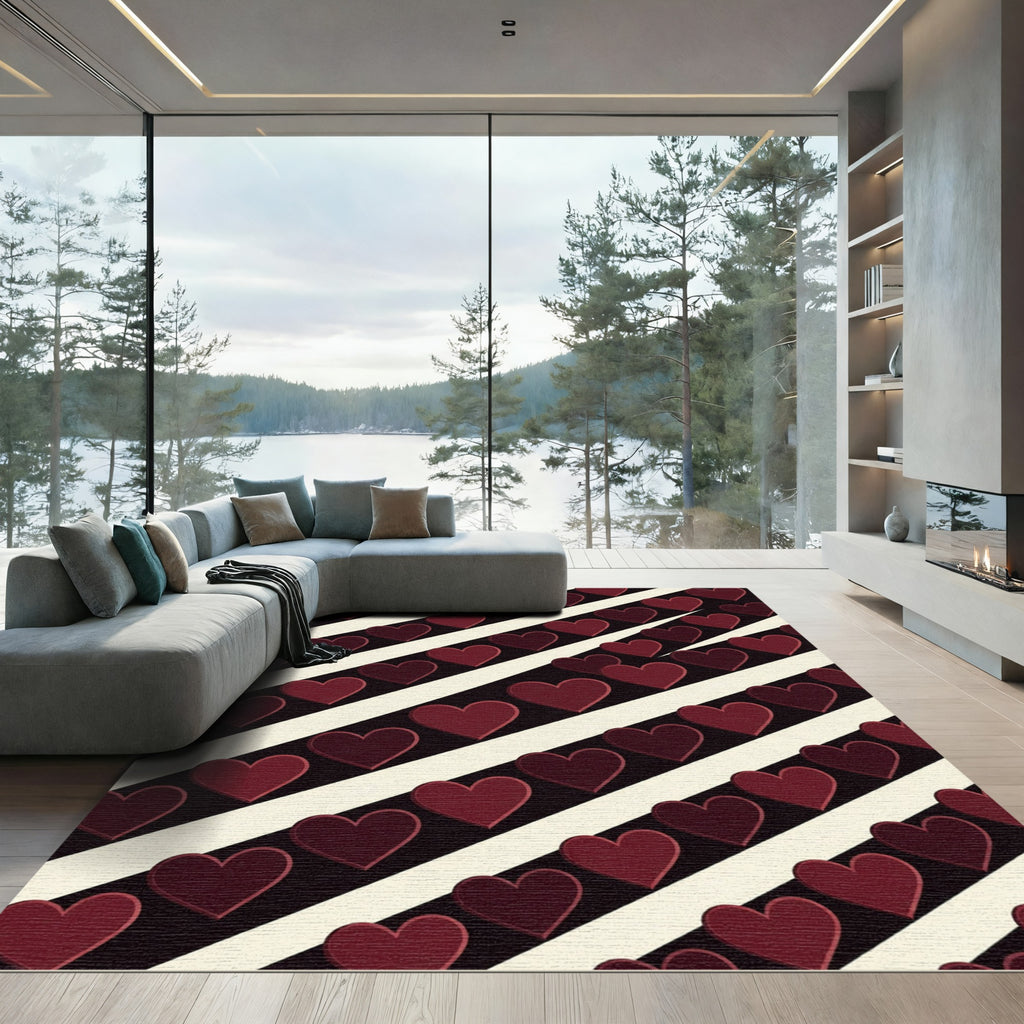 Dark Maroon Hearts on Diagonal Stripes Rug