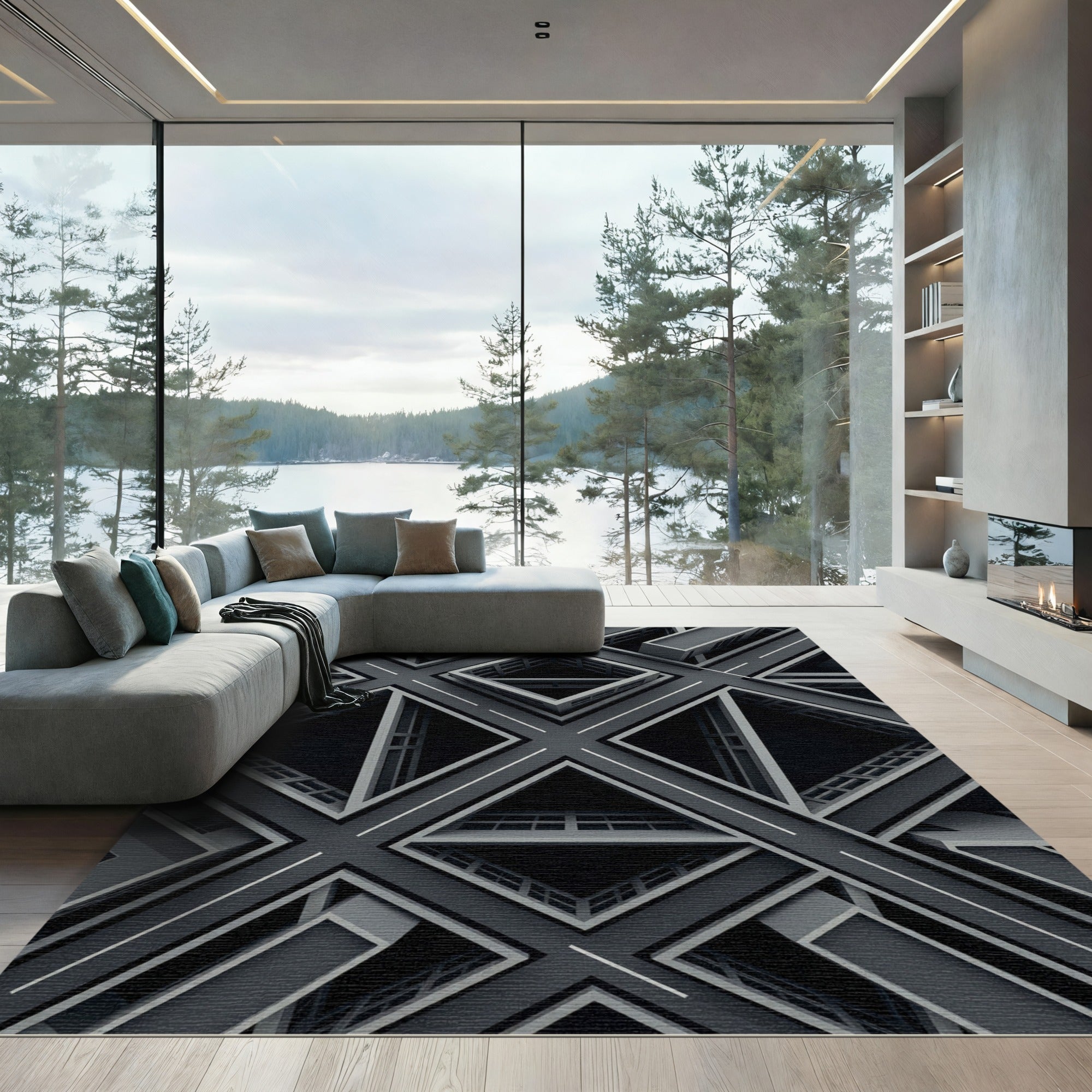 Monochrome Geometric Architectural Diamond Grid Rug