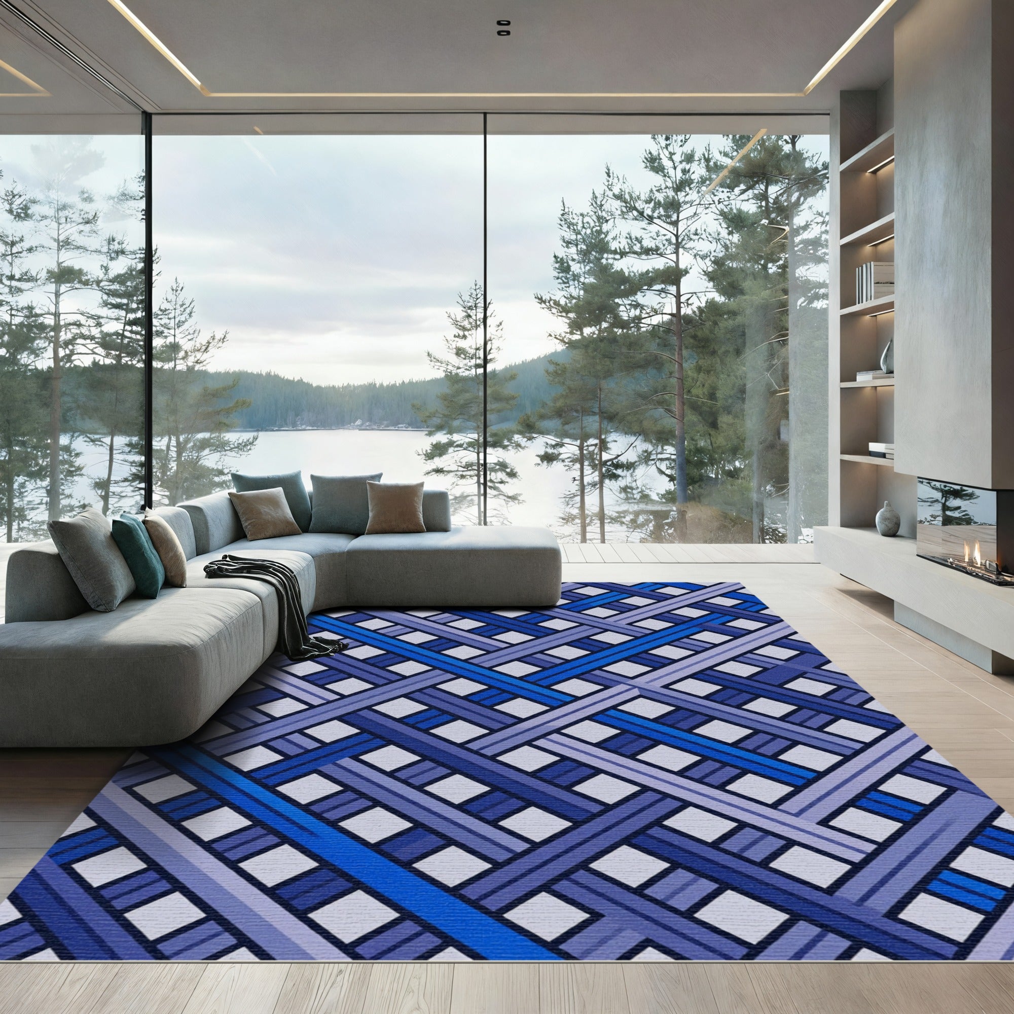 Interlocking Blues Geometric Weave Rug