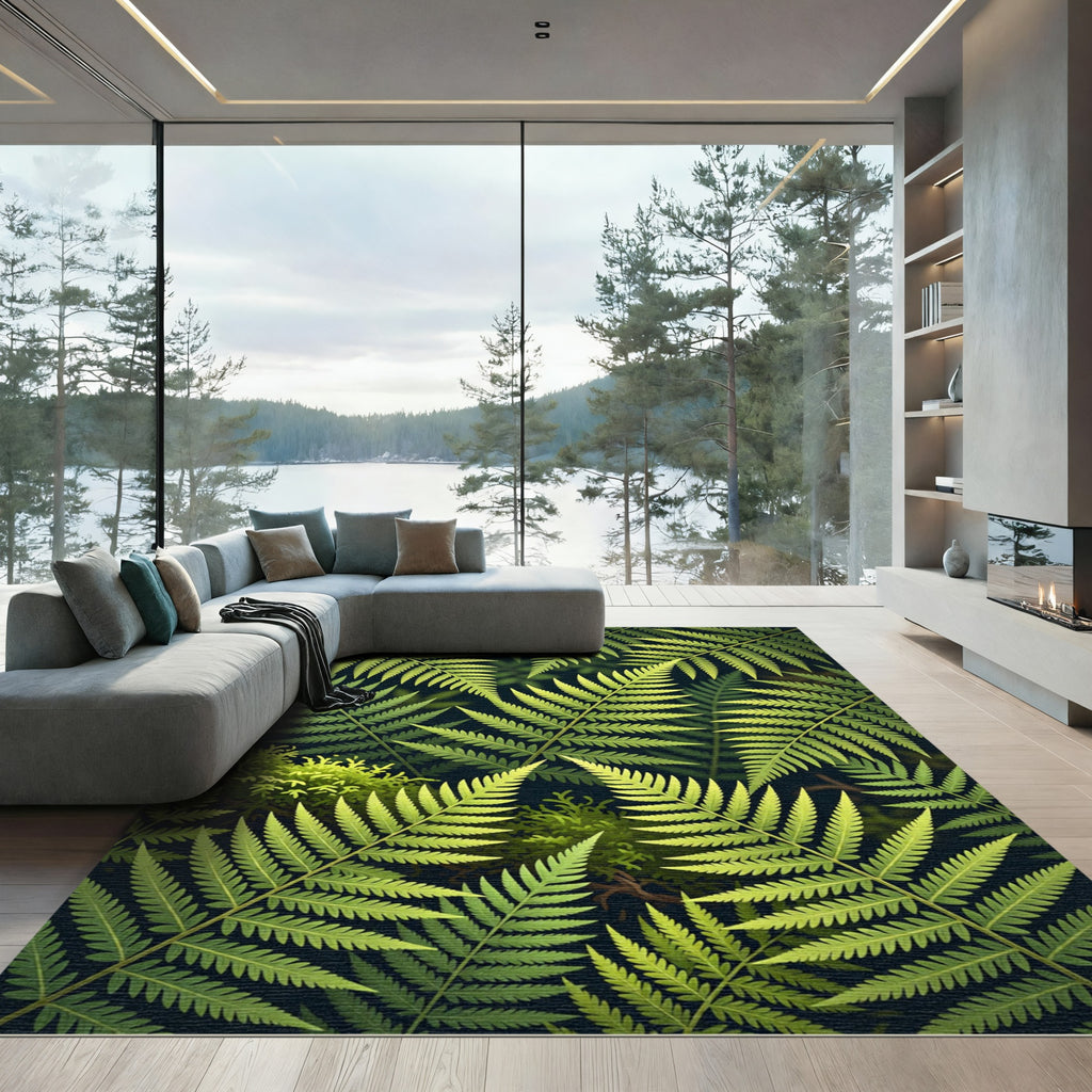 Lush Green Fern Foliage Abstract Rug
