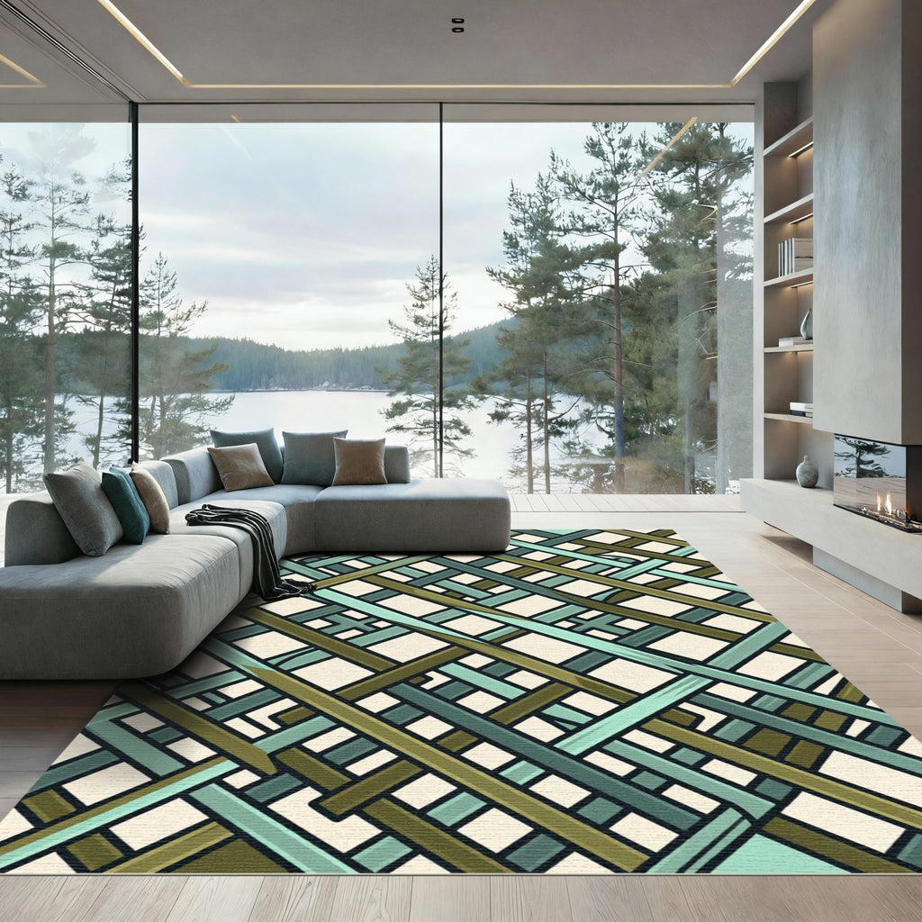 Olive and Teal Intersecting Geometric Weave Rug