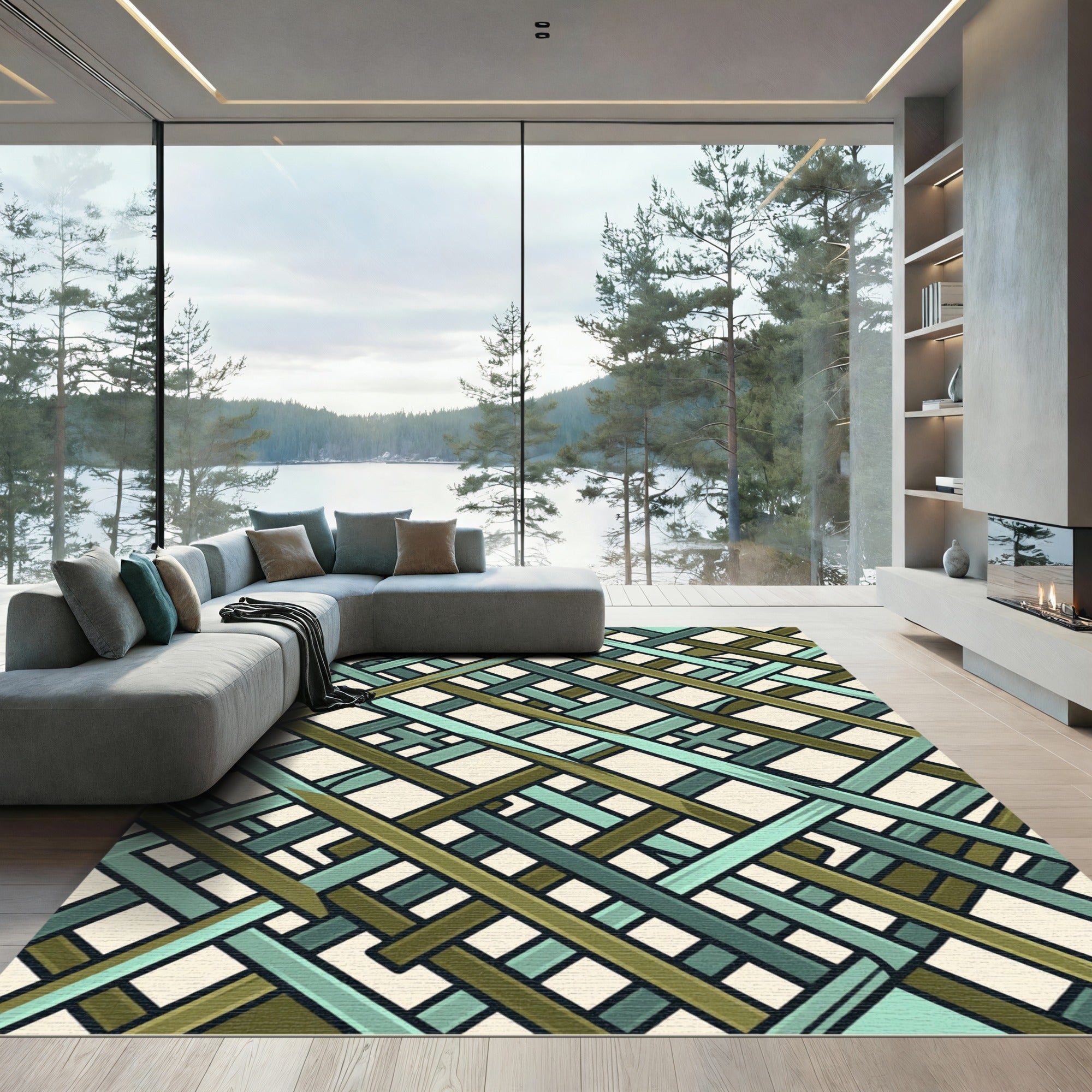 Olive and Teal Intersecting Geometric Weave Rug