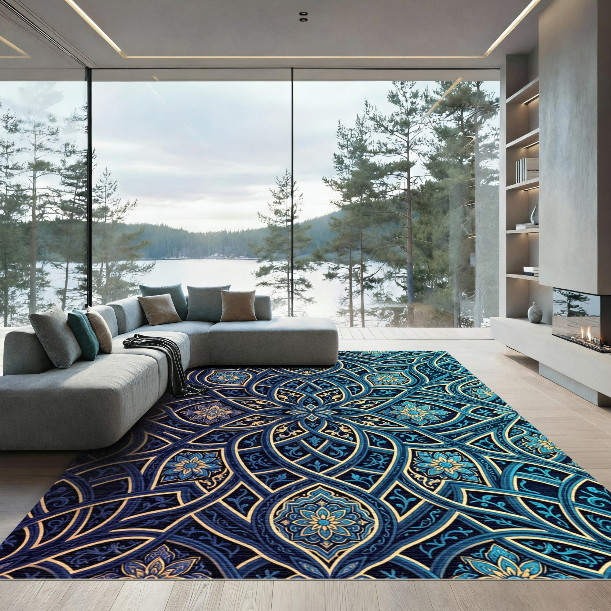 Intricate Teal Gold Arabesque Floral Rug