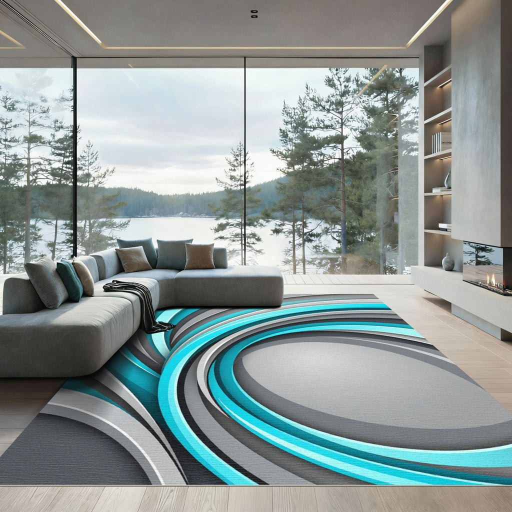 Modern Cyan and Silver Swirling Abstract Rug