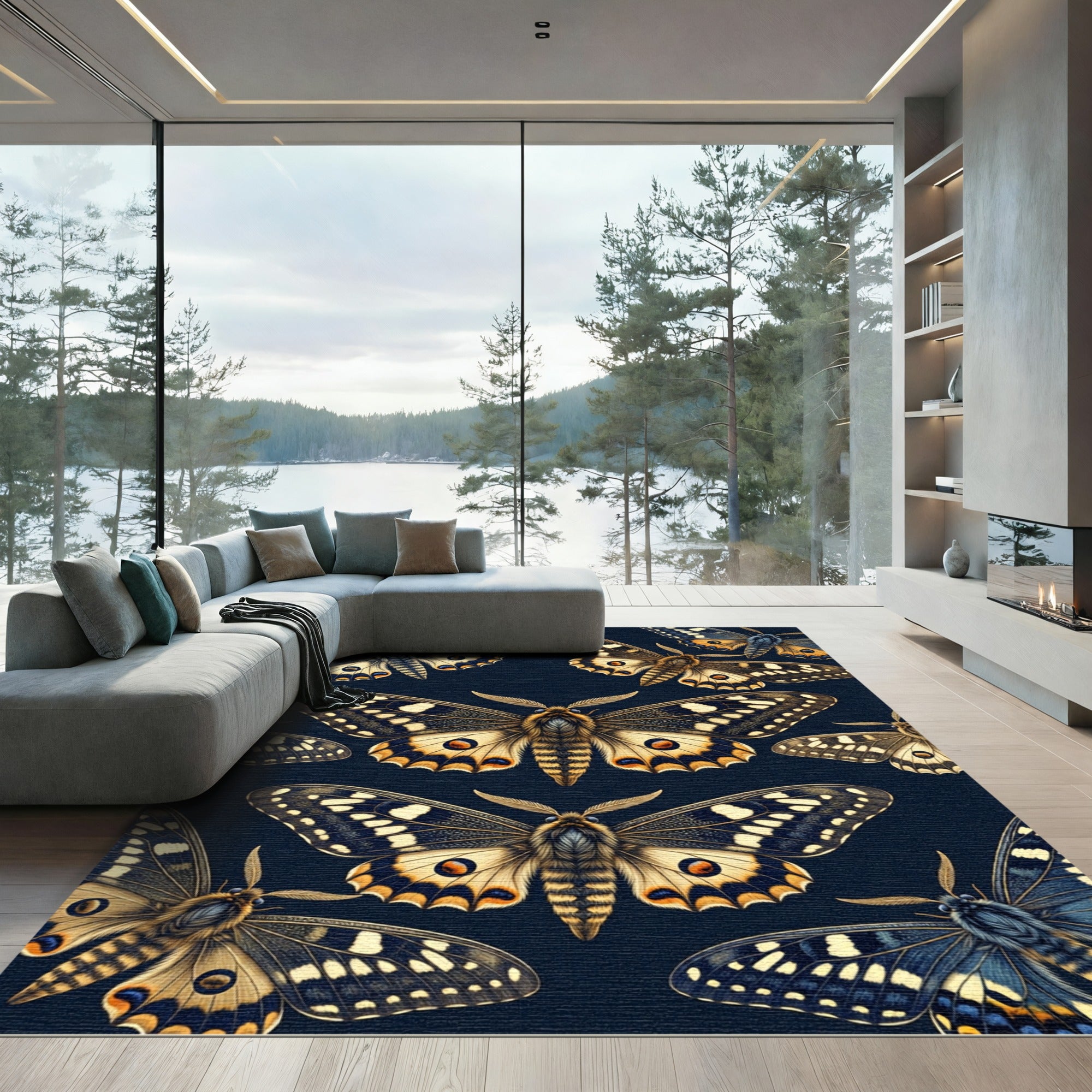 Dark Navy Whimsical Butterfly Moth Meadow Rug