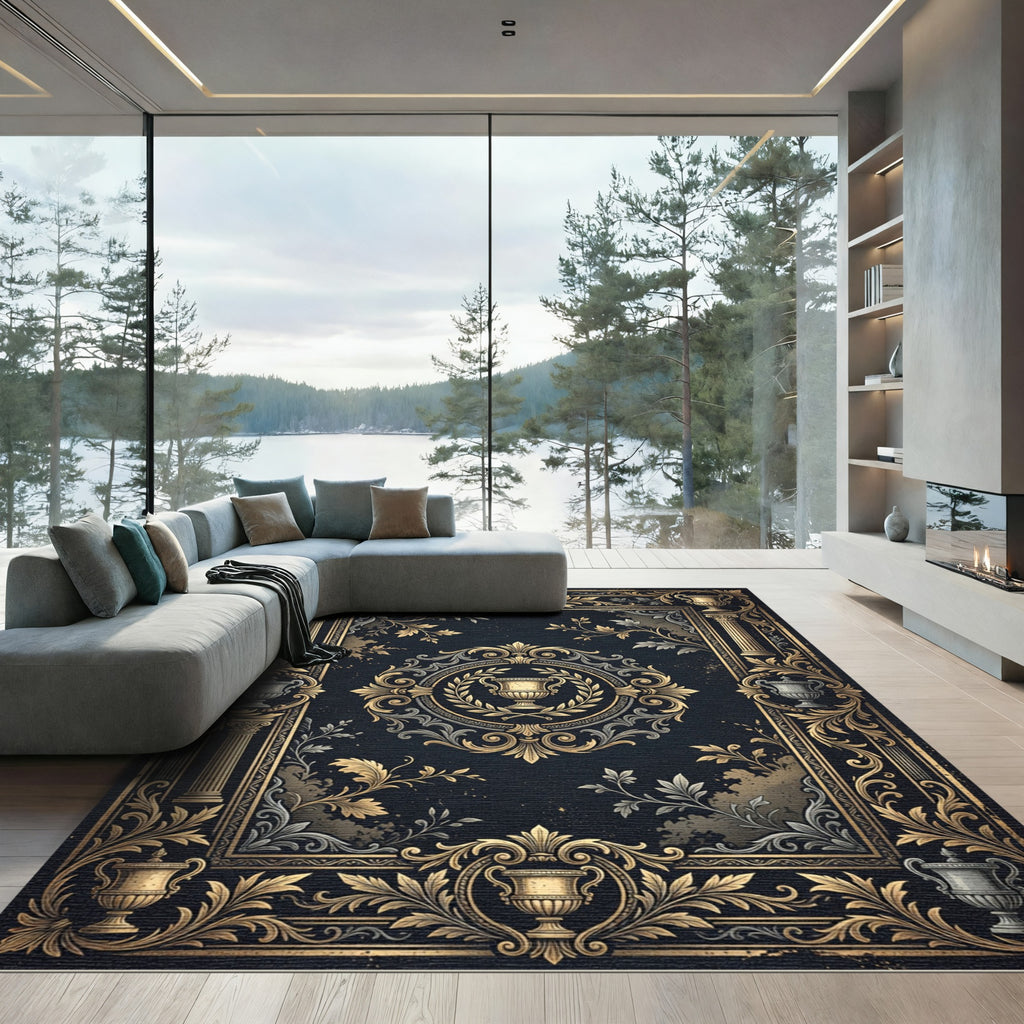 Ornate Gold and Navy Neoclassical Urn Rug