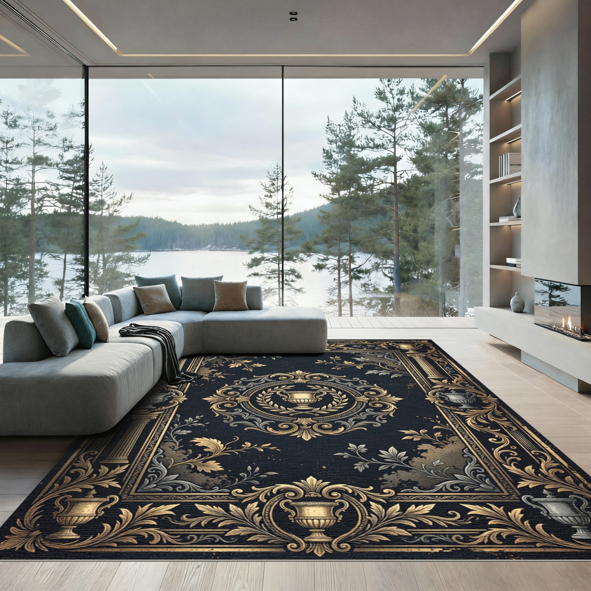 Ornate Gold and Navy Neoclassical Urn Rug