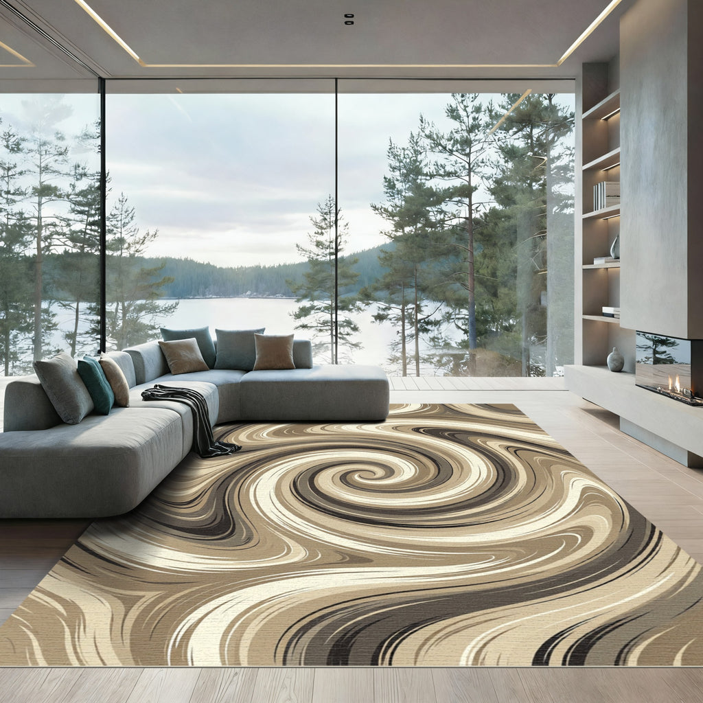 Earthy Swirl Abstract Cream Chocolate Rug