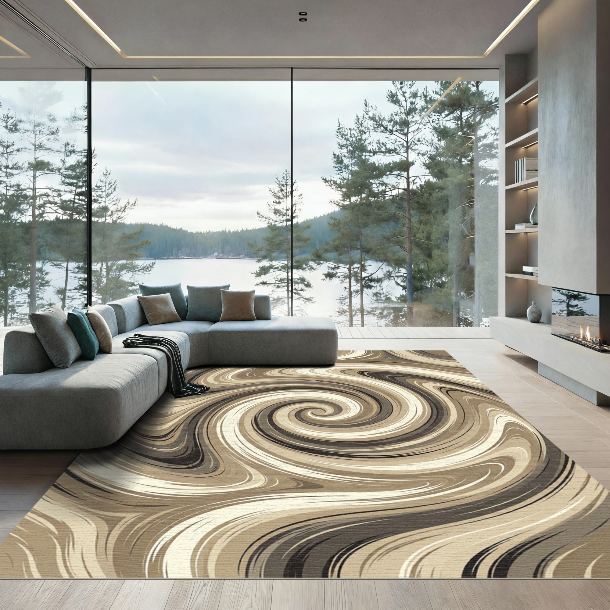 Earthy Swirl Abstract Cream Chocolate Rug