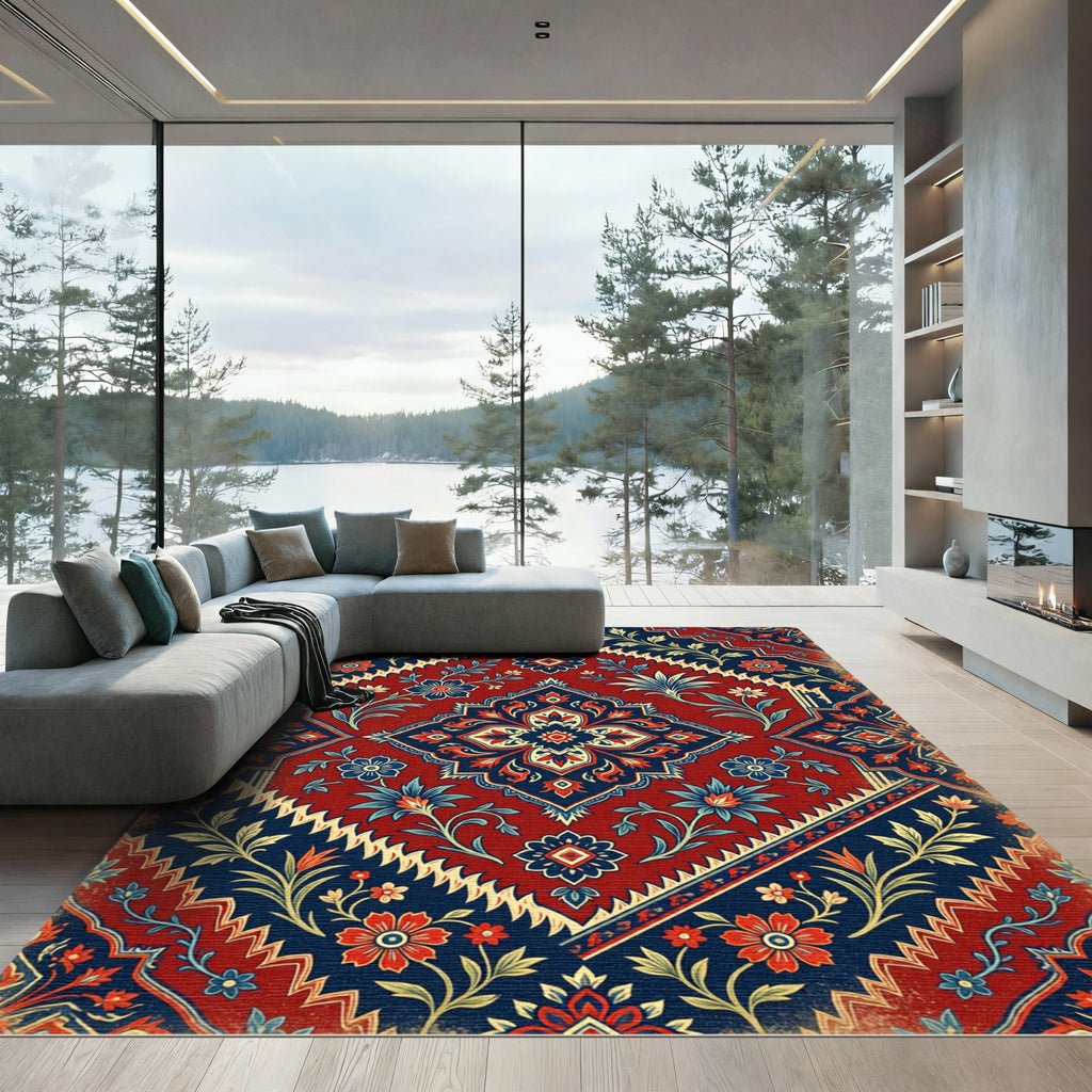 Crimson Navy Floral Garden Medallion Rug