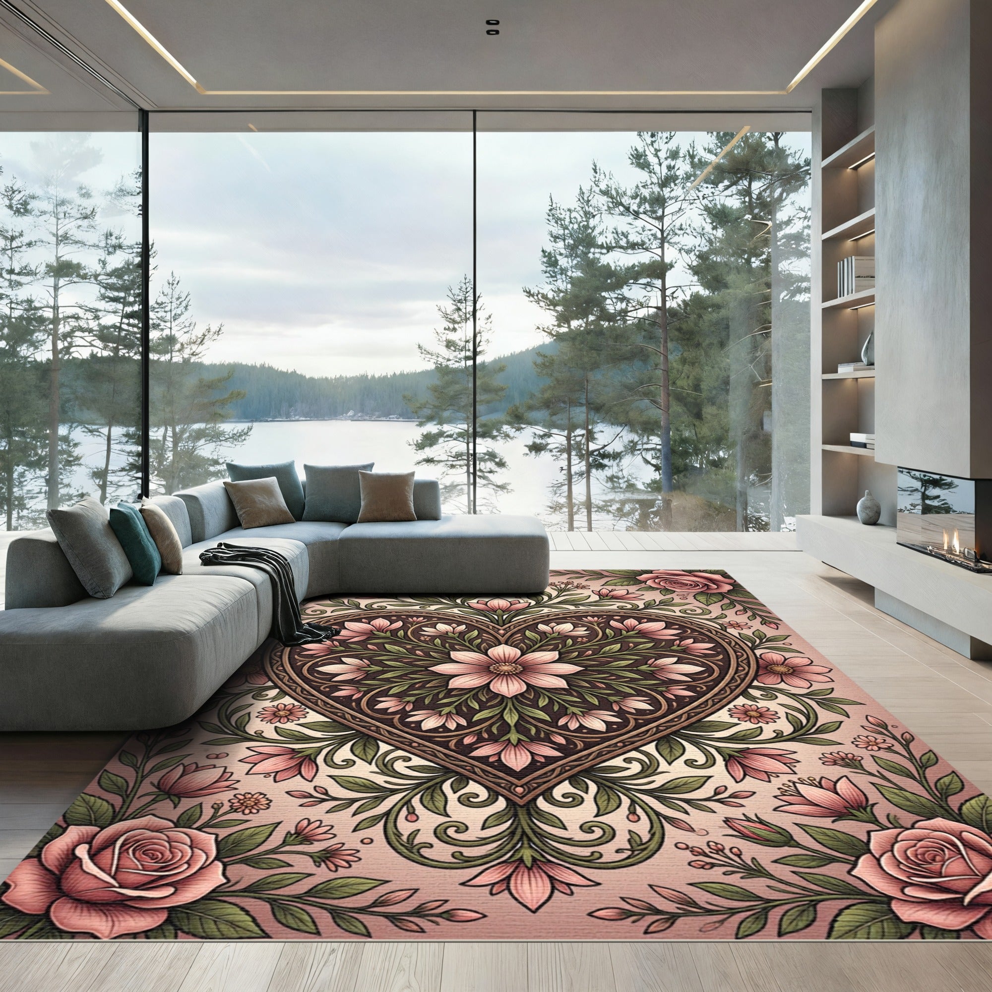 Floral Heart Embossed Blush Pink Art Rug
