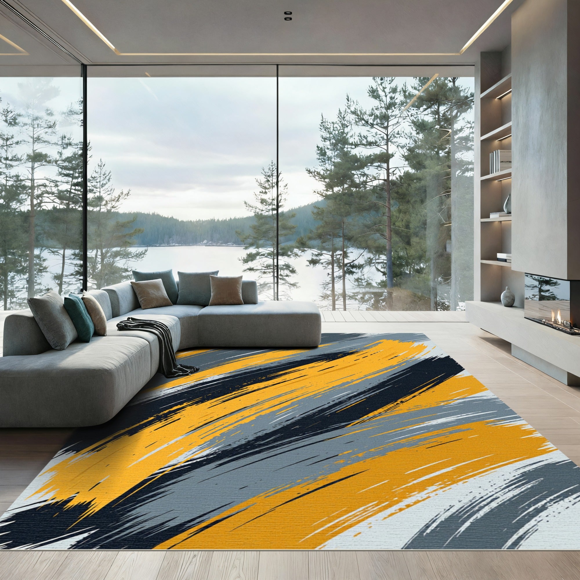 Abstract Yellow Gray Black Brush Strokes Rug