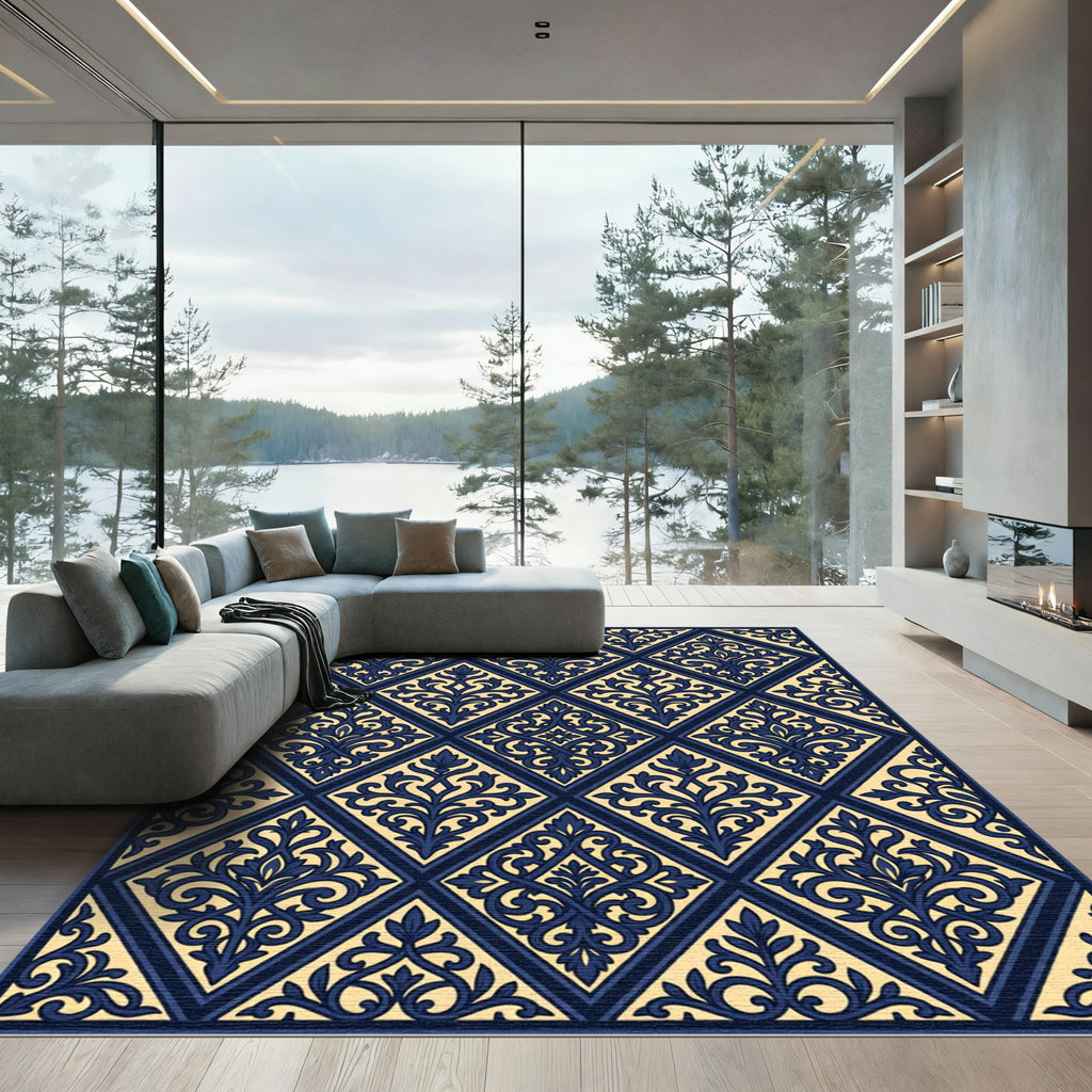 Elegant Navy And Cream Damask Diamond Rug