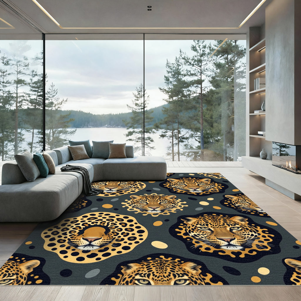 Bold Leopard Faces Gold Accents Rug