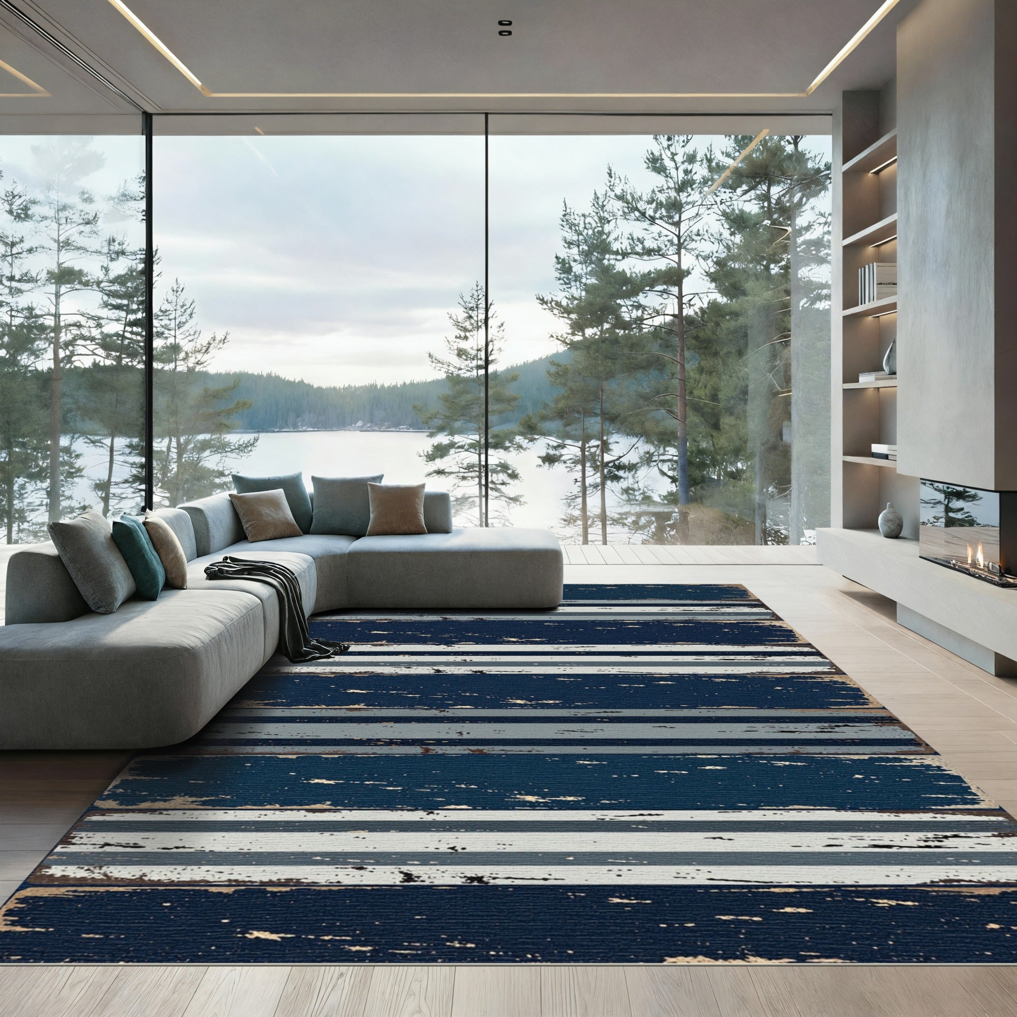 Distressed Navy and Gray Horizontal Stripe Rug