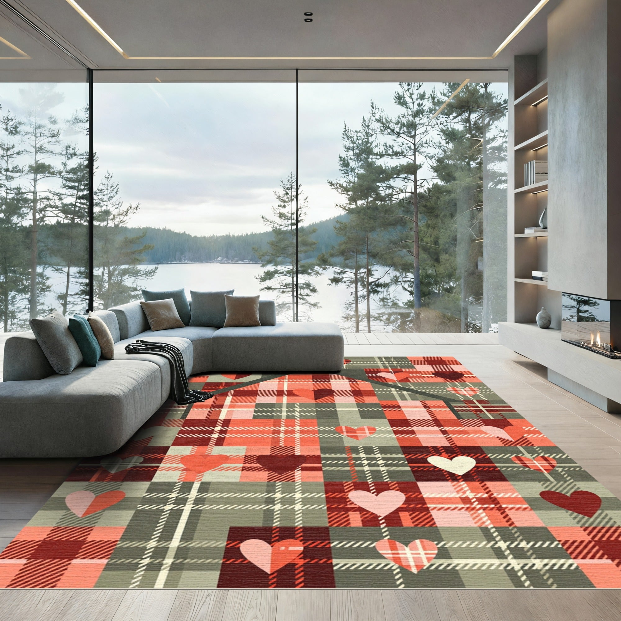 Rustic Red Plaid Heart House Rug