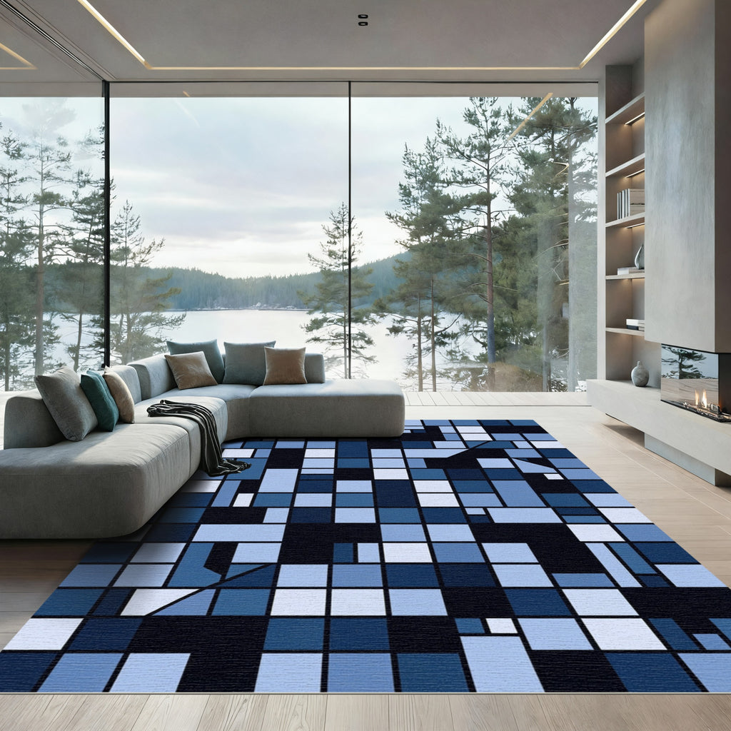 Deep Blue Geometric Rectangle Grid Rug