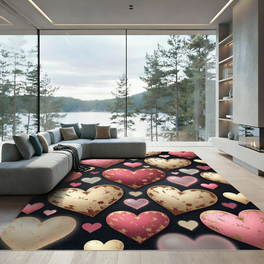 Rustic Distressed Pink Gold Heart Rug