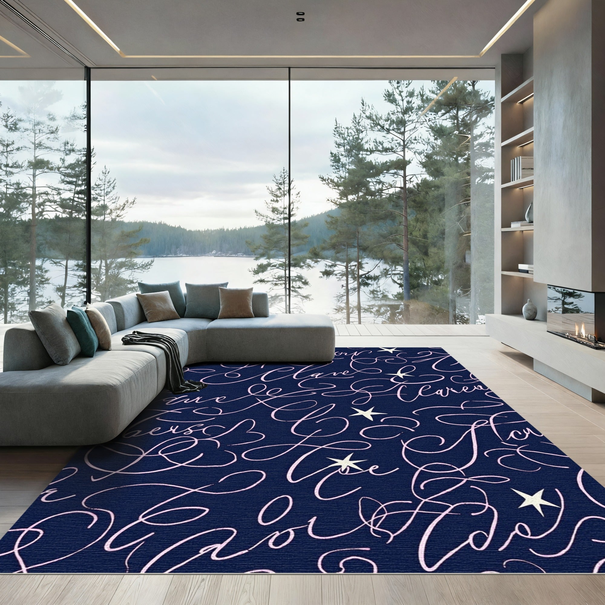 Navy Pink Script Star Repeating Layout Rug