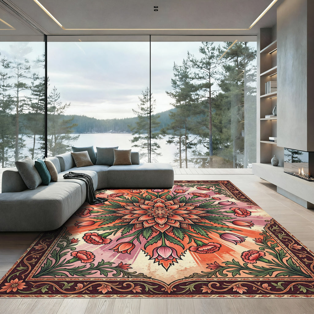Radiant Coral Floral Burst Mandala Rug