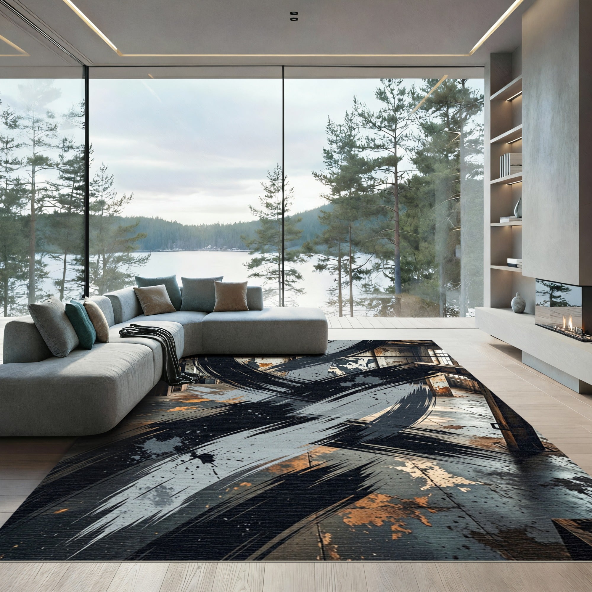 Contemporary Charcoal Gray Ink Brush Stroke Rug