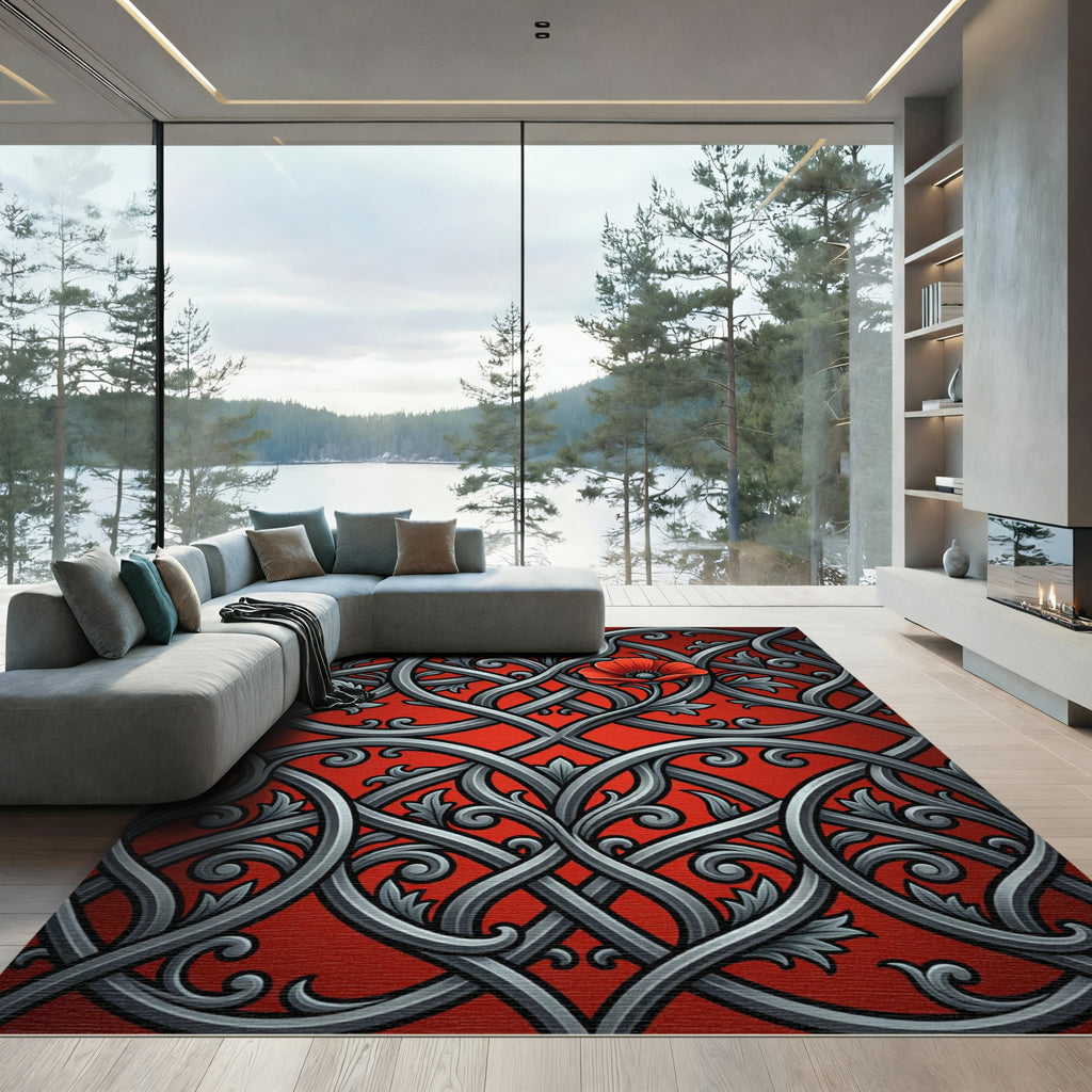 Intricate Gray Poppy Floral Swirl Rug
